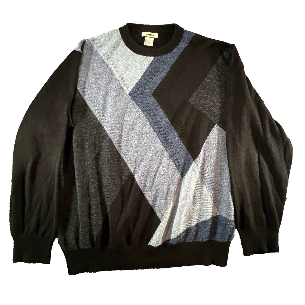 Tagio Vintage Geometric Colorblock Sweater Mens XL Black Blue Wool Blend Knit